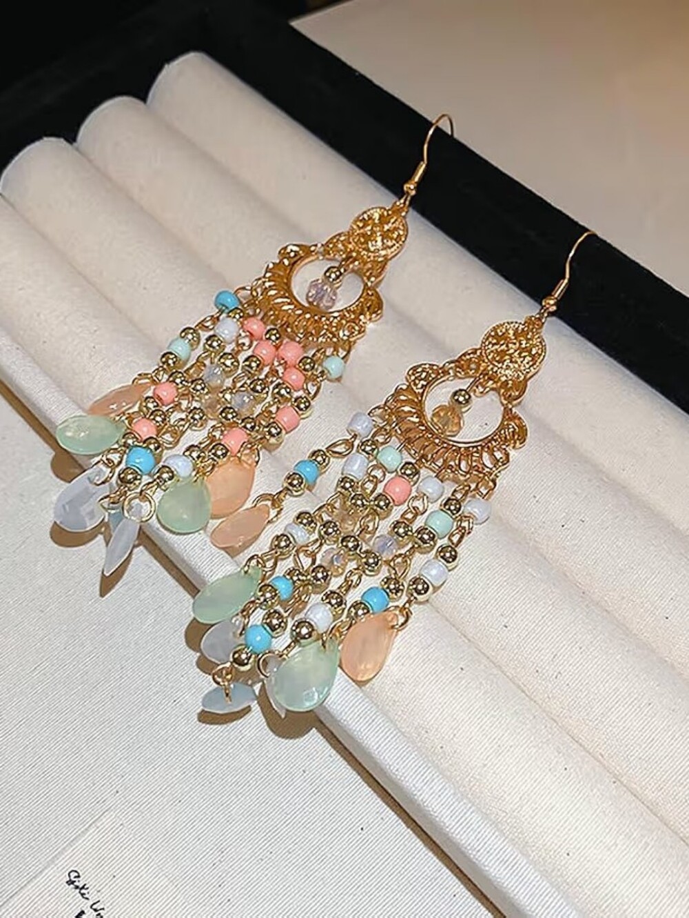 Boho Gold Chandelier Earrings Long Colorful Tassel Drop Earrings